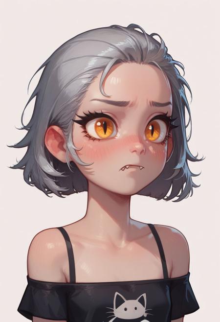 score_9,score_8_up,score_7_up, 1girl, amber eyes, cat eyes, long eyelashes, bob hair, gray hair, uncovered forehead, black highlight, skin fang, blushing, embarrassed. off-shoulder crop top