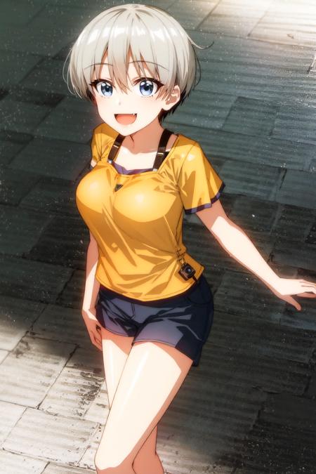 1girl, solo, bangs, uzaki hana, blue eyes, short hair, grey hair, fang, breasts, open mouth, smile, shorts, skin fang, large breasts, shirt, :d, bag, hair between eyes, looking at viewer, stairs, orange shirt, collarbone, between breasts, cowboy shot, solo focus, strap between breasts, short sleeves, fullbody,  <lora:hana:0.7><hypernet:sgqo1n:1>