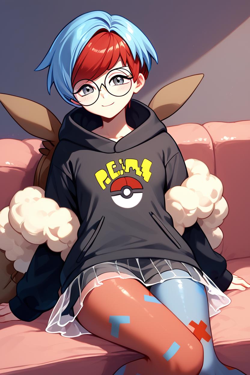 score_9, score_8_up, score_8, medium breasts, (curvy), cute, eyelashes,       ,,, , ,,, zzPenny, grey eyes, glasses, short hair, red hair, blue hair, multicolored hair, round eyewear, two-tone hair,  long sleeves, hood down, black hoodie, backpack, bag, brown bag, pantyhose,   see-through skirt,   <lora:Penny_Pokemon_PDXL:1.0>,  ,,,, BREAK, ,,, smile, looking at viewer, blush, blurry, couch, sitting, ,,, shiny skin, <lora:ProAnime_PDXL_v1:0.7>, ,,, embedding:zPDXL, Expressiveh, <lora:SDXLFaeTastic2400:0.5>, <lora:Expressive_H-000001:0.4>,