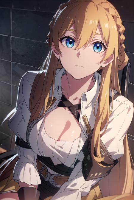 su mucheng, long hair, blonde hair, blue eyes, hair between eyes, braids, hair braid, su mucheng, long hair, blonde hair, (yellow eyes:1.5), braids, hair braid, googles, googles on head, gloves, cleavage, shirt, juliet sleeves, corset, skirt, brown skirt, white shirt, sweater, jacket, fur trim, fur-trimmed jacket, pink jacket, pantyhose, skirt, white sweater, white skirt,