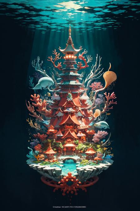 Highest quality,Great work,(Scene:1.2),fantasy,underwater,(seabed:1.3),(Ring City:1.3),east asian architecture,seashell,coral,plants in the sea,floating (fish:1.35),(lamp:0.7)