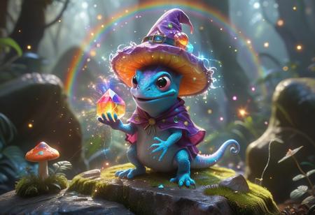 A tiny chameleon wizard in a oversized pointed hat stands triumphantly on a mossy rock, holding a glowing rainbow crystal in his tiny claws. The crystal erupts with chaotic sparkles, swirling magic particles, and miniature fireworks, illuminating his proud, goofy face (crossed eyes, smug smile). The magic energy is so powerful it makes his frilly cape flutter dramatically, even though he’s only 10 cm tall.
Surroundings:
Background: A dense, whimsical jungle with giant glowing mushrooms and flowers that lean in to "watch" the spell.
Details: His spellbook lies open nearby, showing scribbled spells like "Turn flies into cupcakes" and "Invisibility (but only for left eye)".
Style: Pixar-meets-fantasy-art — hyper-detailed textures, vibrant colors, and playful lighting. The scene balances comedy and magic, like a Disney sidekick’s solo adventure.