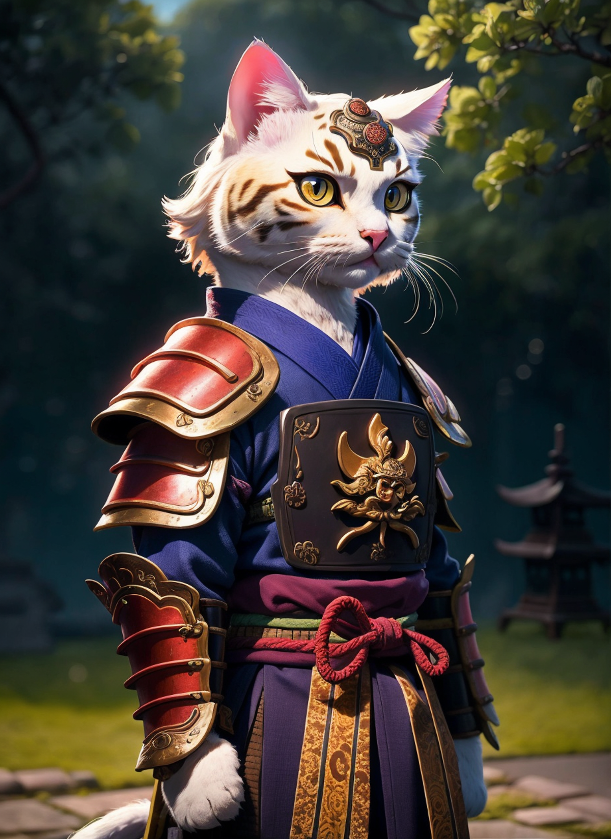 A samurai cat wearing a blue kimono and holding a sword.