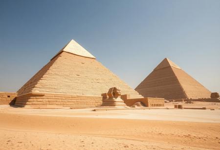Low angle wide view of ancient Egypt in it's prime, desert, the pyramids are as described by contemporaries: white with limestone and capped with gold, reflecting the strong African sunlight to the point that they are hard to look at