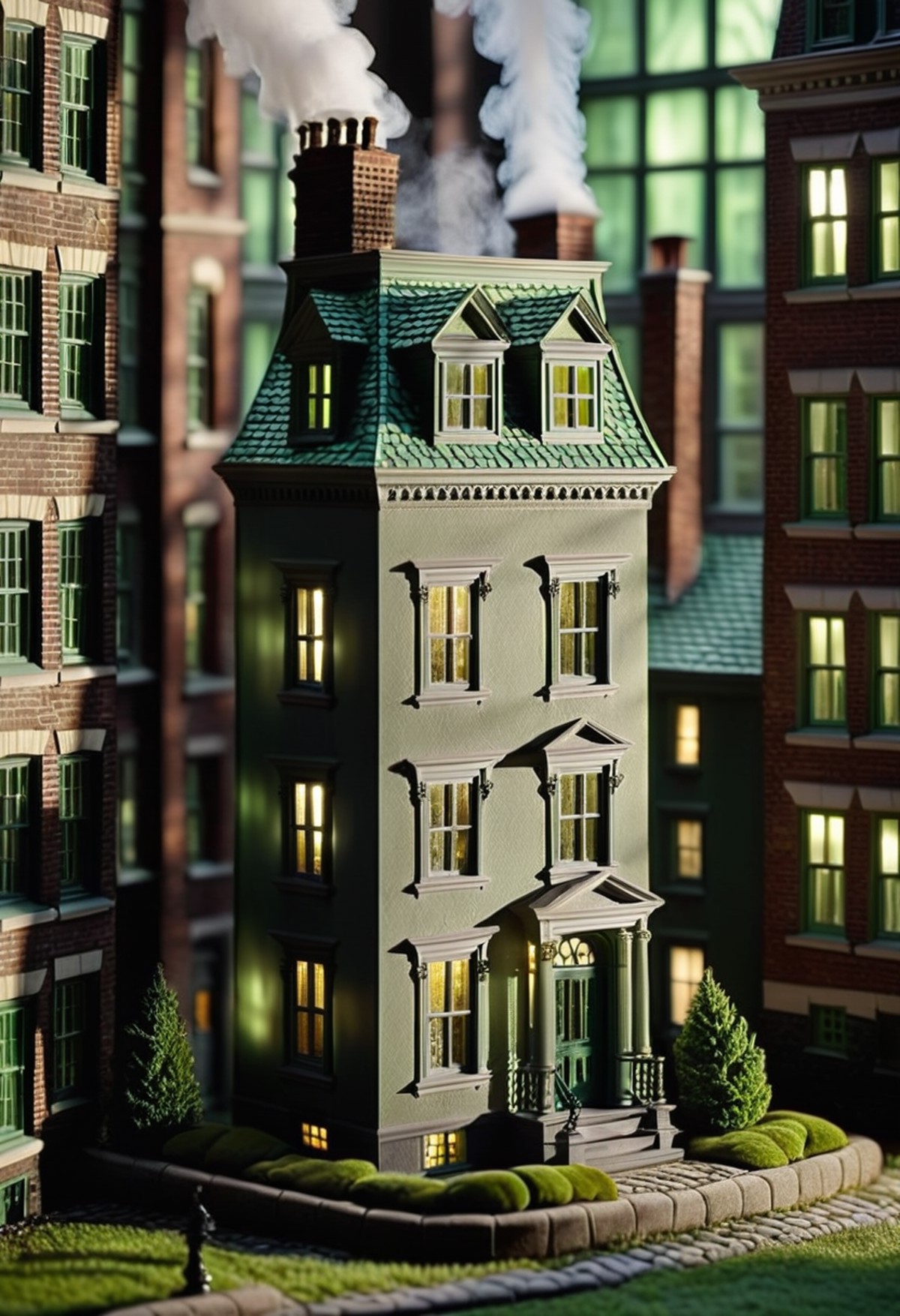 cinematic photo in a surreal world, a miniature of a house enters the heart of a humble boston houses. The facade of the h...