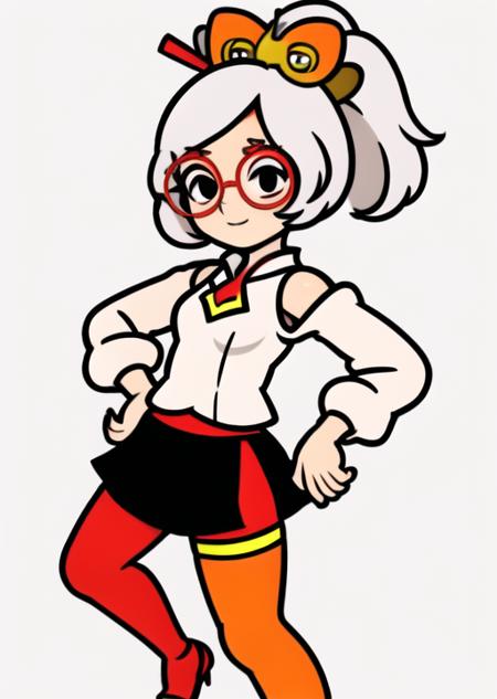 rhythm_heaven, purah, 1girl, red glasses, hair ornament, hair stick, red headband, white shirt, bare shoulders, white jacket, black skirt, orange leggings, high heels, <lora:RhythmHeavenTest6:0.7> <lora:purah-nvwls-v3-final:0.7>