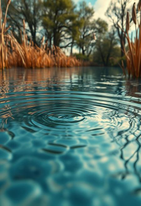 A close-up of water ripples, rendered with conceptual sensitivity, but surrounded by delicate natural textures of reeds, trees, and sky., surrealism, symbolic transformation, retro-futurism, conceptual dreamscapes, psychedelic color palette, visual metaphor, uncanny objects, architectural fantasy, cosmic surrealism, intricate detailing, subconscious themes, otherworldly flora, poetic absurdity, luminous textures, surreal structures, metamorphic landscapes, abstract storytelling, psychological symbolism, tactile materials, mystical science fiction