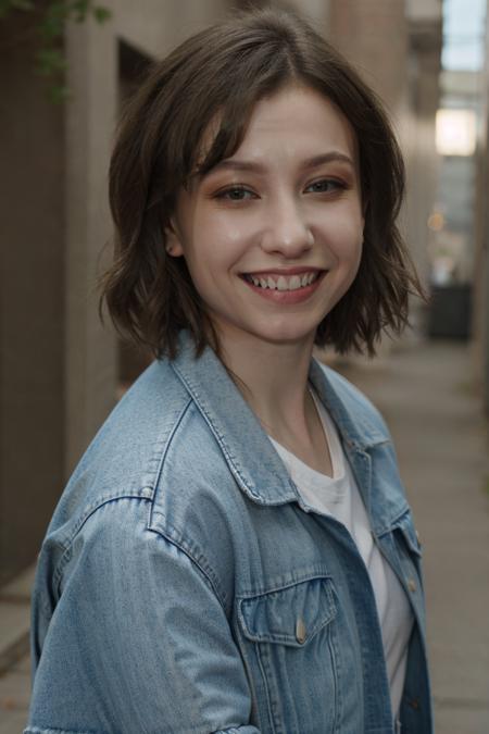 headshot, denim jacket, white tee, alleyway, pixie cut, smile, soft colors, bokeh, masterpiece, high quality, (high detailed skin:1.1)
 <lora:katelyn_nacon_lora_v01:1> k8nacon