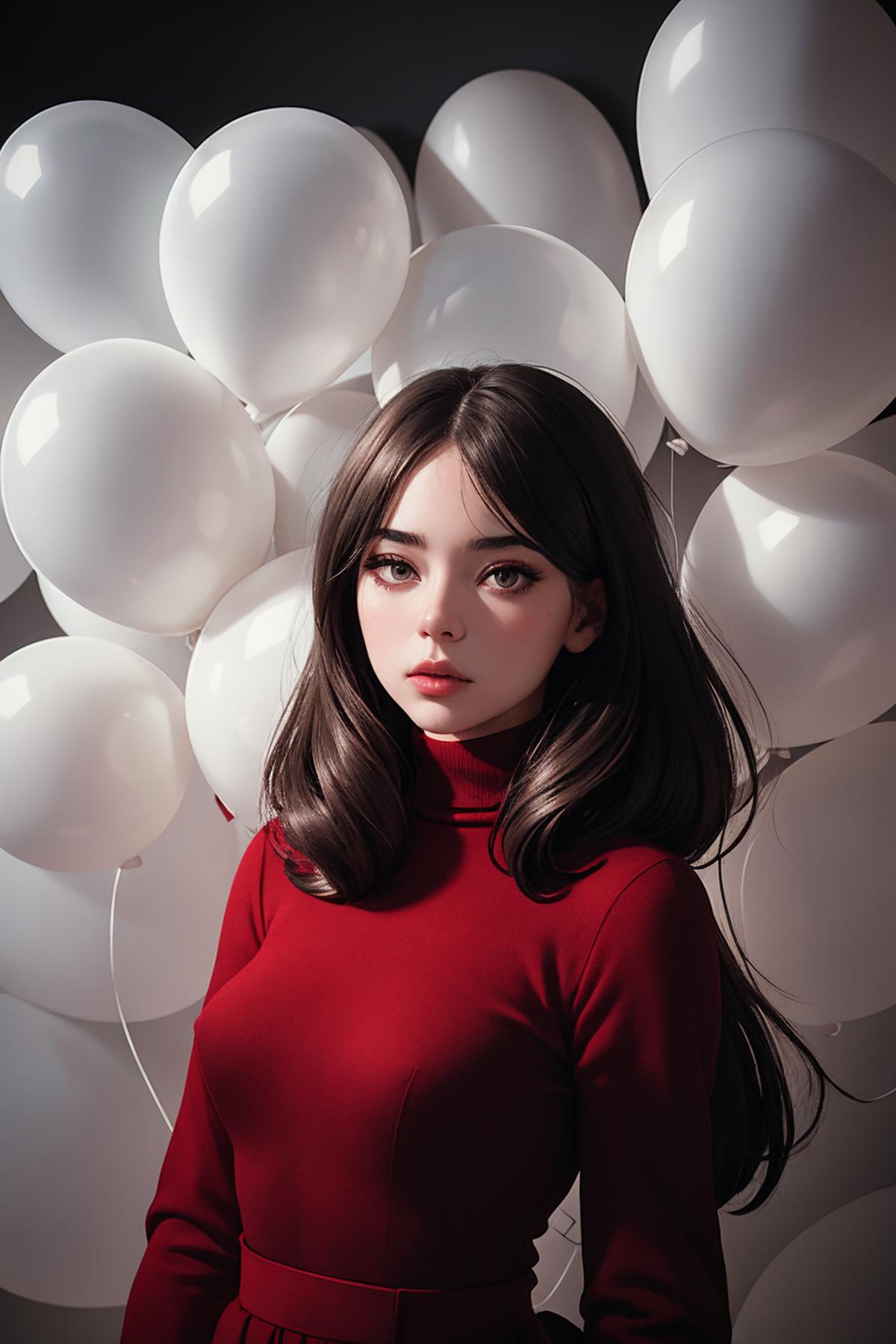 Artistic Portrait of a Woman in a Red Sweater with White Balloons in the Background