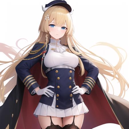 (masterpiece, best quality:1.2),absurdres,highres,1girl,solo,upper body,kongou (azur lane),black thighhighs,blonde hair,blue eyes,cape,garter straps,hand on hip,hat,horns,long hair,military uniform,pleated skirt,side braid,white gloves,white skirt,<lora:Kongou(azur)>,