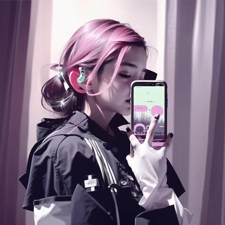 <lora:phone_on_face:1>,(1girl:1.2),(masterpiece,best quality:1.2),hand holding phone,cosplay,pink hair,white gloves,(maid clothes:1.3),(cyberpunk earphones:1.2)