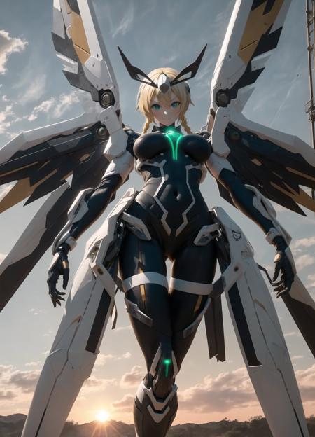 best quality,highly detailed, ultra-detailed, masterpiece, 8k wallpaper,white theme, 1girl,blonde hair,braid,green eyes,glowing,happy,long hair,large breasts, ((mecha musume:1.5)), mechanical arms, standing, wings, cowboy shot, stocking,black pantyhose,(from below:1.2), ((bodysuit:1.2)), shy,looking at viewer, blue sky, sunset, cloud,sunlight,closed mouth,