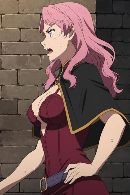 Black clover  Purple eyes Vanessa enoteca Wavy pink hair down to the middle of the back that she keeps loose lobed hairstyle with bangs on the left side full lips,  anime  Style Black clover