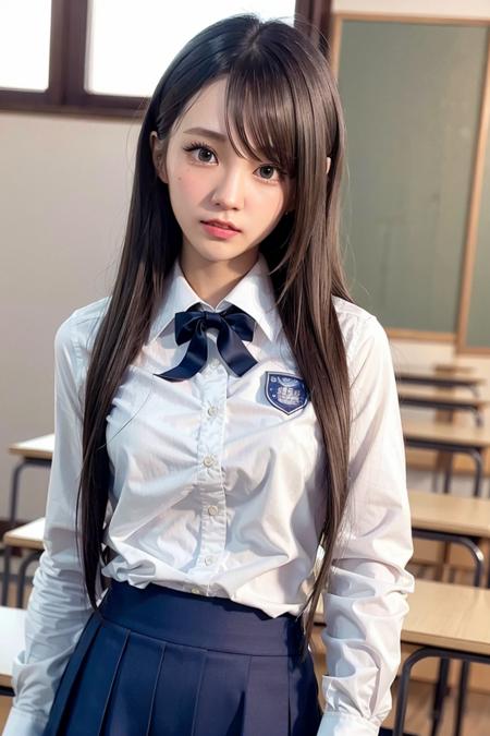 wooahnana, long hair, day, in classroom, RAW,(8k, best quality, masterpiece:1.2),(intricate details:1.4),(photorealistic:1.4),octane render, complex 3d render ultra detailed, studio soft light, rim light, vibrant details, ultra detailed, realistic skin texture, detailed face, beautiful detailed eyes, extremely detailed CG unity 8k wallpaper, makeup, (detailed background:1.2), (cowboy shot:1.2),(perfect anatomy:1.2),(wide hip:1.1),(school uniform:1.5), <lora:wooahnana-v1:1>