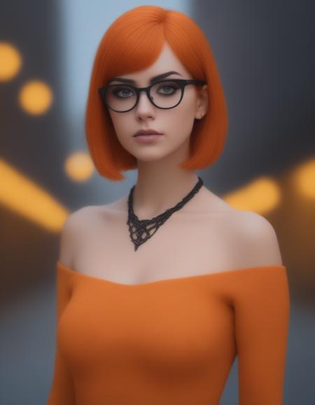 professional portrait,goth girl,velma from scooby-doo,a girl wearing eye glasses and an orange top,gorgeous figure,interesting shapes,hyper realistic,ultra detailed photograph,wearing an off shoulder slim sweter,detailed gorgeous face,natural body posture,captured with a 85mm lens,bokeh,ultra detailed,ultra accurate detailed,bokeh lighting,surrealism,urban settin,ultra unreal engine,intricate,epic,freckles,goth style mood,dark eye makeup,in the style of jessica drossin,dima dmitriev,life-size figures,(quality{[intricate_insane_exponential_details_8k_resolution_volumetric_lighting_depth_of_field_FullFrame_36x24mm_Nikon_D850_sensor_grain_texture]}),(composition{[.707_trigonometric_discretization_scalar*1.618033988749895âlighting_angle_quantization_color_reflection_modeling_aesthetic_spacing_principles*scene_structure]}),