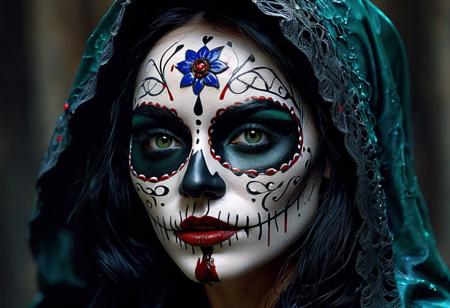 on a real mexican's catrina perfectly detailed face [(((hyper realisctic tear of blood falls)))], The overall style is reminiscent of Jasper Johns's work, catrina with deep green eyes, one blood tear.The piece features a distorted, elongated face, expressing both joy and sorrow. The background showcases a series of sharp, jagged lines and shapes, evoking a sense of fear and fright.