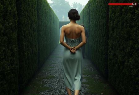 masterpiece portrait of woman walking through a hedge maze::1.4, video game concept art style::1.2, semi-realistic 3D render art::1.1,
(physical description: pudgy build, not skinny or obese, sturdy posture, mature proportions, hands clasped behind back:1.1),
(facial features, expression: not visible, back-facing view:1.0),
(clothing details: , nightgown  barefoto:1.0),
(accessories: none visible from rear view:0.9),
(background setting: dense, tall hedge maze with narrow gravel paths and trimmed walls of greenery, ambient mist and distant garden statues:0.9),
(lighting style: overcast natural daylight with diffused shadows and a muted, mysterious ambiance:0.8),
(composition and camera framing: third-person video game view from slightly behind and above, full body shot, centered in frame:1.0),
(emotional tone or theme: immersive, exploratory, quiet suspense:0.9),
(technical execution: includes a video game-style HUD with red health bar in the top right corner and a minimap with icons in the lower left:0.8)