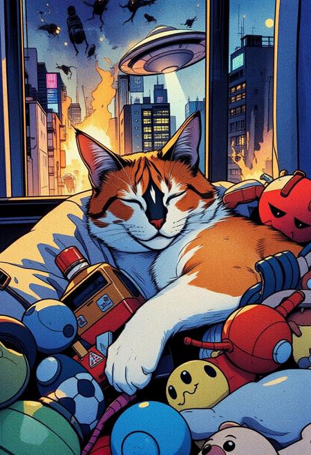 Paint a serene yet dynamic watercolor scene in the Flux art style, where a sleeping cat is *fully nestled within a pile of pet toys*. The cat’s body, rendered in soft, car color orange, brown, white with a black M in his forehead, in a soft pillow near to a building window, inside an apartment, outside a city in chaos, alien invasion, cars in fire,
running away from the aliens, aliens abductions, UFO
