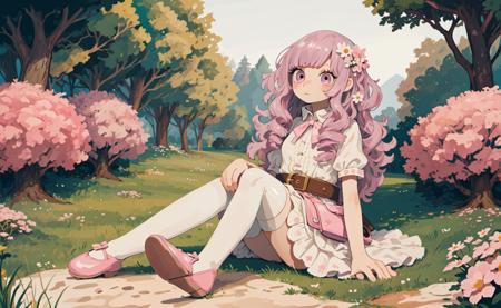 detailed background, superb, 1girl, long hair light purple hair, curly hair, cute, eyelashes, sitting, white dress, pink ribbon, belt, pink flats, white thighhighs, beautiful 8k wallpaper, outdoors, nature, tree, bush, flower, rustic, extremely detailed, intricate