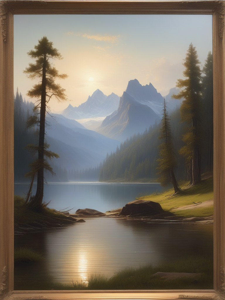 <lora:06NatureArt_Hap_XL:1>, Albert Bierstadt style, Vibrant and dynamic illustrations and vectors, artstation trending, 4k resolution, Masterpiece,highly detailed, <lora:add-detail-xl:0.0001> ,<lora:hand 4:0.0001>, This painting showcases a peaceful lakeside scene, with a calm body of water surrounded by forested hills and distant mountains. The soft, diffused light creates a serene and tranquil atmosphere. Tall pine trees in the foreground add depth and perspective, guiding the viewer's eye towards the distant peaks. The overall composition exudes a sense of calm and natural beauty, capturing the quiet majesty of the landscape.