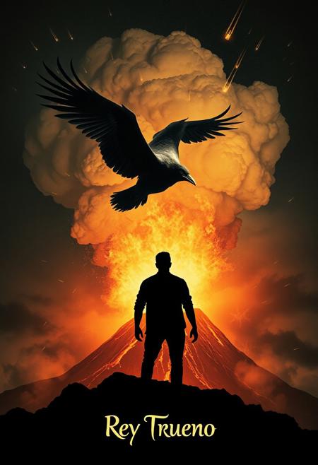 vintage movie poster with black SKY very clean colours, meteors falling from sky, and a black raven flying with wings  like thunders coming out from a volcano erupting ,wind seems like flames, behind a very clear silhouette of man from Tijuana mexico looking to the raven in skt. extremely intricate, stylized and classy concept art, a professional photograph. Detailed Textures, high quality, high resolution, high Accuracy, realism, color correction, Proper lighting settings, experimental art composition
Text "Rey Trueno",