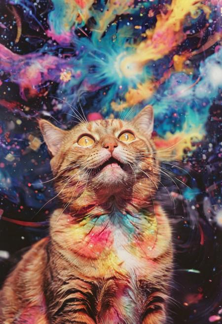 Product photograph, the 1980s, PsychadelicChaos, the universe, chaos, insane colors, the universe blowing up, insane colors, a universal cat, beautiful, epic, analog film grain, polaroid, DSLR