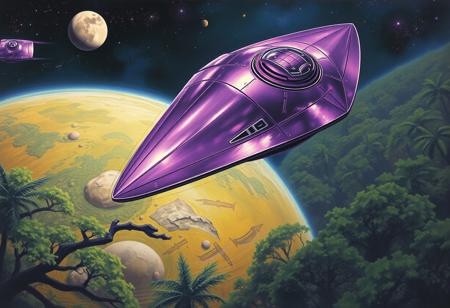 A curvy purple metallic spacecraft orbiting over a jungle planet, close up on the spaceship, in the style of an oil painting, scifi, cosmic, astral
