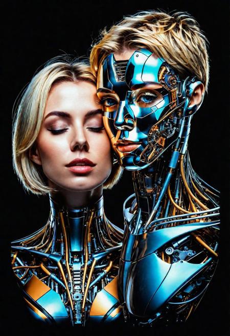 ( Ultradetailed desing T-Shirt square inside portrait woman and take only head Android man and kissing, Sci-Fi marc , 8k , tecnology detailed,chips, mechanism, beautiful neon colors , blonde and black hair, t-shirt desing:1.0)
