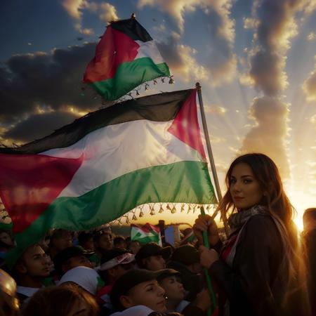 a woman holding Palestine flag,<lora:PalestineFlag03-000008:1>,