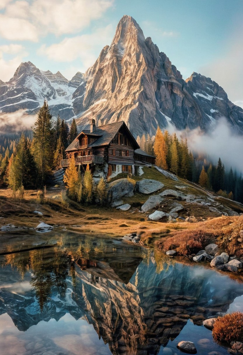 their peaks veiled in mist. mixed media, surrealism, great lighting, A surreal landscape highly detailed . extremely high-resolution details,  appears trapped in an optical illusion of reflections and refractions colorful , mountain cabin, professional photography, natural lighting, volumetric lighting maximalist. intricately detailed, complex, elegant, expansive, fantastical, film photography style,  medium grain