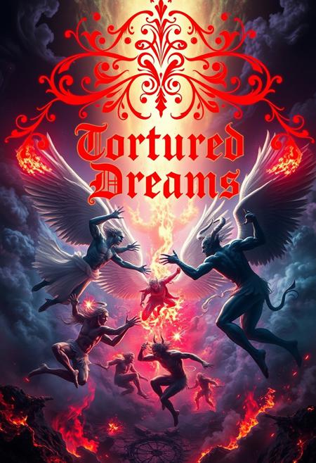 A vivid digital art piece depicting the chaotic dreams of a schizophrenic mind. Unearthed glow and neon colors with subsurface scattering illuminate the scene. Angels and demons clash dramatically, fighting over lost souls amidst swirling ethereal mist and smoke. Brimstone and fire rage in the background, creating an atmosphere of paranoia and unease. The entire image has a surreal, disjointed quality. Above the main focus, elegant blood-red filigree frames ornate calligraphy spelling out "Tortured Dreams". The artwork is highly detailed, with a dreamlike quality that blends beautiful and terrifying elements. Rich, saturated colors contrast with dark, shadowy areas. The overall effect is unsettling yet captivating, drawing the viewer into a world of fevered imagination.