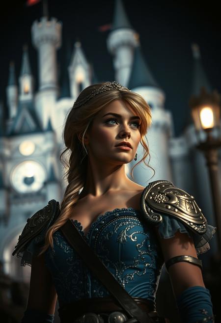 Close Up shot of Cinderella as a warrior princess  at the castle, at night, Low saturation color photography, vintage, grunge, top light