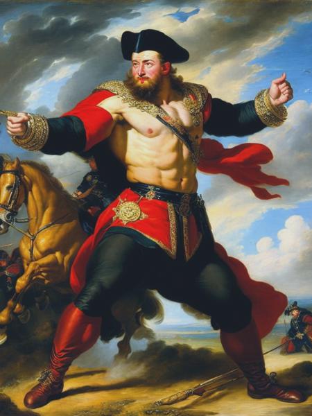 <lyco:PeterPaulRubens:1.0> a painting by Peter Paul Rubens depicting a super-heroic polish Cossack , dynamic pose, majestic