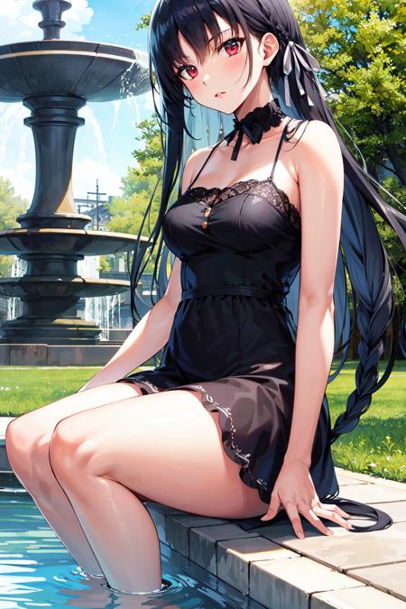 masterpiece, best quality, highres, aasuzune, long hair, black hair, (single braid:1.2), hair ribbon, <lora:horikita_suzune_v1:0.7>, red eyes, dress, grarden, fountain