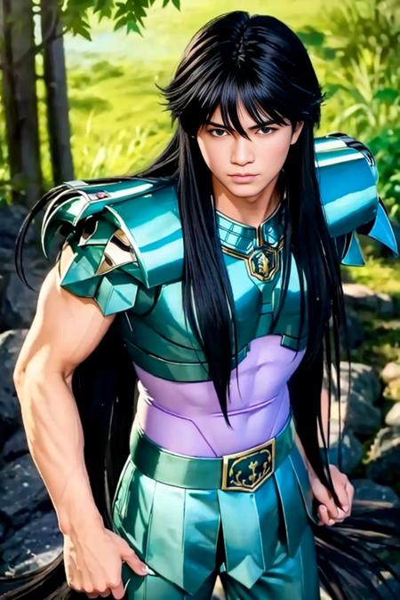 <lora:Dragon Shiryu_V4:0.55>, (1 boy),(MASTERPIECE:1.2),(REALISTIC:1.6),(ILLUSTRATION:1.2),Slender,8K, long black hair ,remove  helmet,
 balanced eyes,Dragon Shiryu wearing green silver armor,(purple pants),purple short sleeve shirt, dynamic pose, armor on arm,
rock cliff background , very detailed background ,(THAI:1.0), (JAPANESE:1.0)