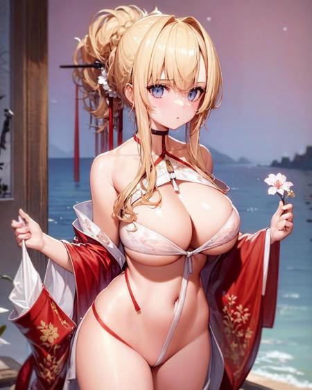 gloriousplum,1girl,solo,large breasts, outdoors,seaside,wide sleeves, , <lora:GloriousPlumV2:1>,standing,cowboy shot,no panties,   blonde hair,