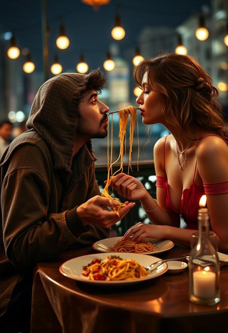Romcom movie still frame. A beautiful young rich lady eating spaghetti with a dirty homeless man on a restaurant terrasse. A single spaghetti connects both their mouths like a bridge driving them toward a kiss. The scene recreates the iconic lady and the tramp dinner when the lady and the tramp eat the same spaghetti strand and end up kissing. Cozy romantic atmosphere with dancing candle lights and illuminated city night scape.