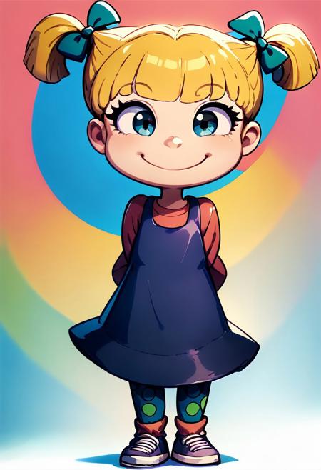 score_9, score_8, score_7, cute, colorful background, closed mouth, smile, full body, Dutch angle, solo, 1girl. blonde hair, twintails, dress, hair bow, polka dot leggings, hands behind back,