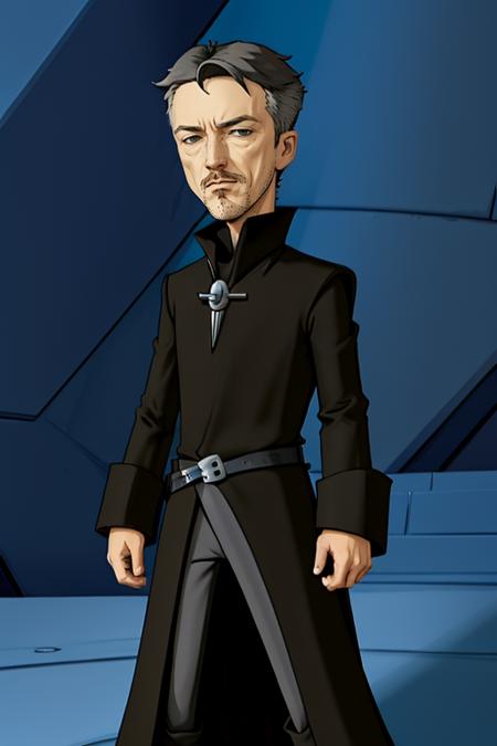 <lora:Invader Zim Style:1>( invader_zim_style:1.2),   <lora:littlefinger:0.75> littlefinger, tunic, black, standing, goatee, silver, serious