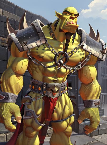 thorn, bald, beard, chain, colored skin, earrings, green skin, loincloth, male focus, muscular, orc, pointy ears, skull, solo, spikes, tusks, yellow eyes