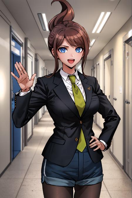 masterpiece, best quality, <lora:aoiasahina-nvwls-v1-000009:1> asahina aoi, tan, large breasts, green necktie, black suit, collared shirt, blue shorts, pantyhose, looking at viewer, furrowed brow, hallway, looking at viewer, hand to hip, waving, :D