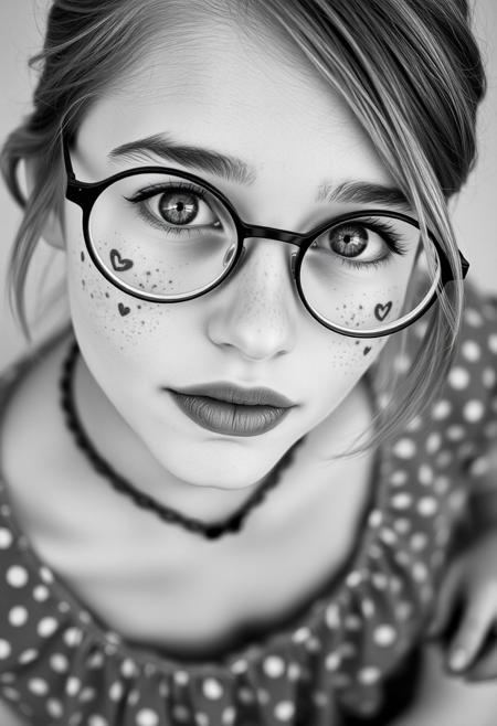 The monochrome black and white image is a close-up, high-angle portrait of a young 18 y.o. woman with striking green eyes, in round glasses, with a choker. She is looking directly up at the camera, creating a strong connection with the viewer. Her facial features are soft, and she has a natural, almost ethereal beauty with a face full of freckles that add to her youthful and fresh appearance. There are tattos,  symbol of heart, on each cheeks. Her hair is styled with a side-swept fringe that partially covers her forehead, and the rest of her hair appears to be tied back or away from her face. She is wearing a dress with dots, which can be seen in the lower part of the image. The focus on her eyes and face gives the image an intimate and engaging quality, with the high resolution capturing every detail of her skin and expression. The background is softly, emphasizing her face as the central point of the image. The overall feel of the image is delicate, natural, and photorealistic, capturing the subject's innocence and charm.