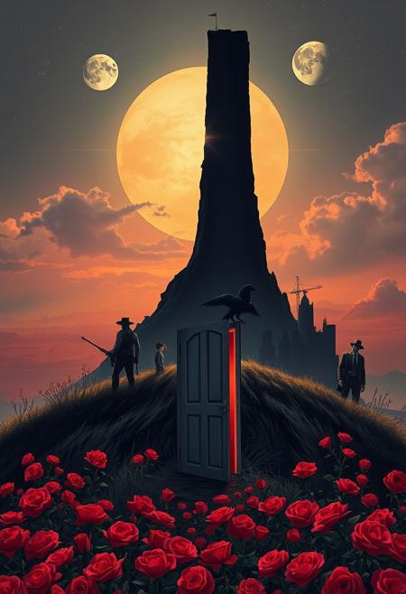 A weathered gunslinger stands atop a windswept hill, his face etched with determination. He gazes at a looming, impossibly tall dark tower in the distance, its obsidian surface shimmering with otherworldly energy. The tower pierces a sky where multiple worlds bleed together - a waning sun, two moons, and unfamiliar constellations vie for dominance.
The gunslinger's shadow stretches behind him, morphing into silhouettes of his ka-tet: a young boy, a wheelchair-bound woman, and a man in a sharp suit. Surrounding the hill, reality fractures into a patchwork of diverse landscapes: a post-apocalyptic wasteland, a lush jungle, a gleaming city, and an ancient desert.
In the foreground, a field of roses contrasts vibrant crimson against the muted tones of the hill. A single door stands ajar amidst the flowers, offering a glimpse of yet another world. Perched atop the door, a crimson-eyed raven watches the scene unfold.
The gunslinger's hand rests on the sandalwood grip of an ancient revolver, its barrel forged from the metal of Excalibur. A horn hangs at his hip, hinting at a cycle renewed. In the distance, a monorail train snakes through the fragmenting realities, while a blood-red sun sets behind the tower, casting long shadows across all worlds.