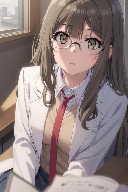 riofutaba, <lora:rio futaba s1-lora-nochekaiser:1>, 
rio futaba, long hair, brown hair, (brown eyes:1.5), glasses,
BREAK skirt, shirt, school uniform, white shirt, pleated skirt, glasses, collared shirt, black skirt, vest, red necktie, labcoat, (white labcoat:1.2), brown vest,
BREAK indoors, classroom,
BREAK looking at viewer, (cowboy shot:1.5),
BREAK <lyco:GoodHands-beta2:1>, (masterpiece:1.2), best quality, high resolution, unity 8k wallpaper, (illustration:0.8), (beautiful detailed eyes:1.6), extremely detailed face, perfect lighting, extremely detailed CG, (perfect hands, perfect anatomy),