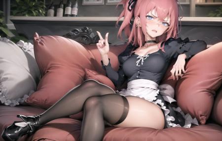 absurdres,(1girl),full body,mature female,
sitting,crossed legs,middle finger,angry,glaring,shouting,(red pillow on red couch),bar \(place\), 
lovely_aina-chan,blue eyes,long pink hair, short side ponytail,hair ribbon,long black sleeves,black choker,Yellow stud earring,(collarbone:0.5), 
apron,short dress,black thighhighs,