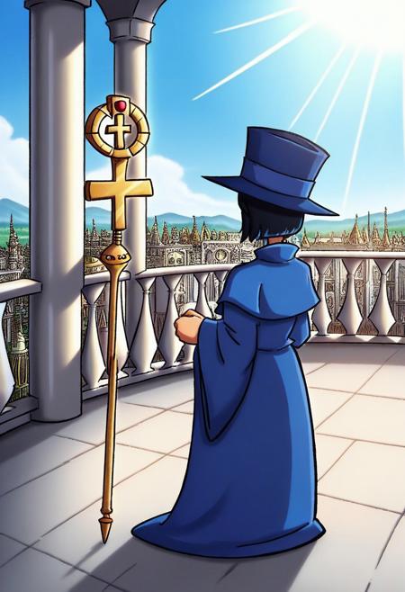 masterpiece, best quality, amazing quality, intricate details, bozodanxl, cat pope, robes, hat  scepter, cross, rosary, balcony, palace, day, sunlight, blue sky,