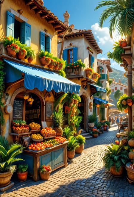 This 4K resolution masterpiece is highly intricate and gaining attention on ArtStation for its exceptional quality and attention to detail. The scene features an idyllic, realistic portrayal of a picturesque outdoor setting in Delfino Plaza. 
The scenery showcases a charming small fruit stand offering pineapples and coconuts, a palm tree, and a quaint, small house. The clear blue sky is rendered using high dynamic range (HDR) techniques, enhancing the overall realism and detail of the scene. The lack of humans adds an air of tranquility to the composition. The intricately detailed artwork invites viewers to immerse themselves in the beauty of Delfino Plaza.