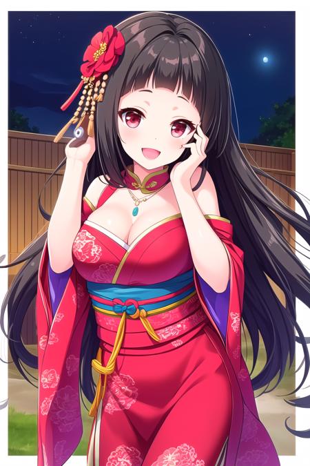 (masterpiece, best quality), highly detailed background, perfect lightingbest quality, isshikiairu, solo, outdoors, night, tanabata, black hair, hair rings, blunt bangs, very long hair, red eyes, necklace, jewelry, breasts, pink dress, shawl, detached sleeves, cleavage, <lora:GoodHands-vanilla:1>, hand on own face, chinese clothes, japanese clothes, smile, open mouth, :d, pink lips, <lora:Isshiki-Airu:0.7>