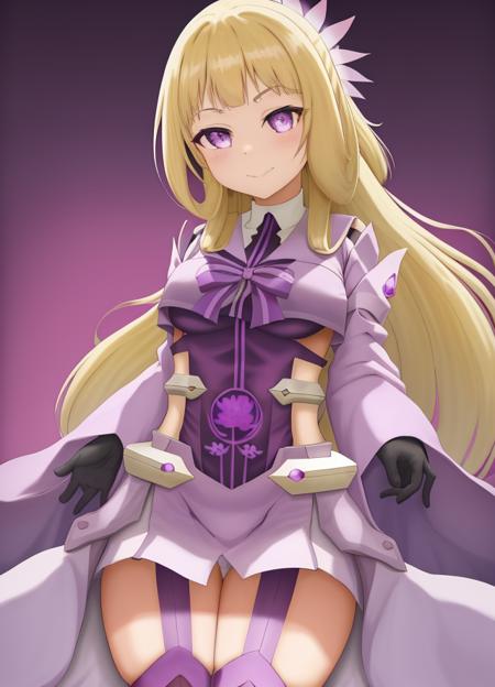 <lora:Nogi_Sonoko-10:1>,1girl,solo,Nogi_Sonoko, gray eyes,long hair, looking at viewer, smile, blonde hair, thighhighs, gloves, purple gloves,purple dress,(wide white sleeves),purple ribbon,purple stockings,hair ornament,pussy purple rose tattoo