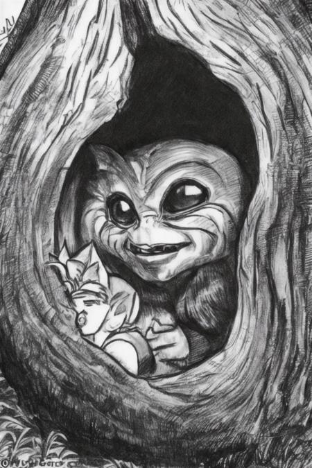 <lora:SKETCHY_JBX:0.8> SKETCHY_JBX  A sketch of a gremlin hiding inside a hollow tree